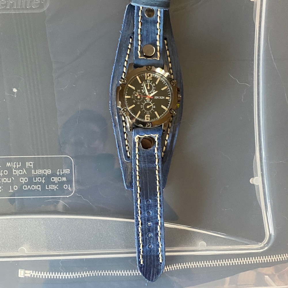 Blue Leather Cuff Watch with Black Dial